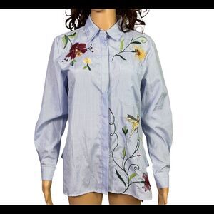 Cliche Blue White Striped Floral Embroidered Button Front Shirt M